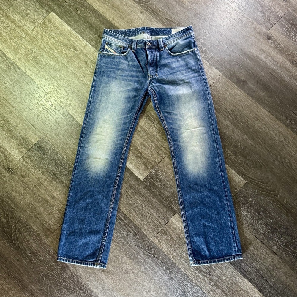 Diesel Larkee Blue Distressed Denim Jeans 32W32L Button Fly Cotton Whiskers IT